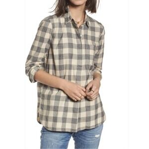 Madewell Classic Ex-Boyfriend Button-Back Grey Cream Buffalo Check Top Small